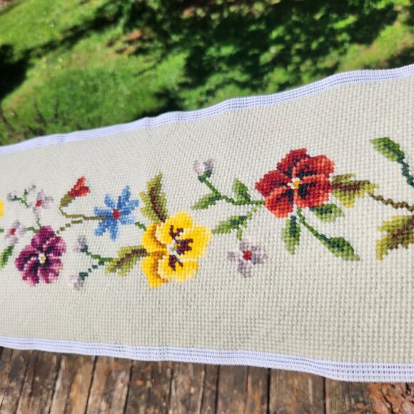 Vintage Hand-Stitched Floral Cross Stitch Runner 42" X 7" - Picture 10 of 15